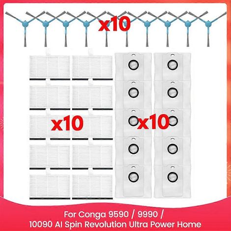 Pièces détachées pour aspirateur Cecotec Conga 9990/9590/10090 AI Spin Revolution Ultra Power : brosse latérale, filtre, sac à poussière et chiffon de nettoyage. (1/5)