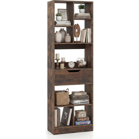 COSTWAY Libreria Verticale con 7 Cubi e Cassetto (Marrone,50x24x155cm) (1/5)