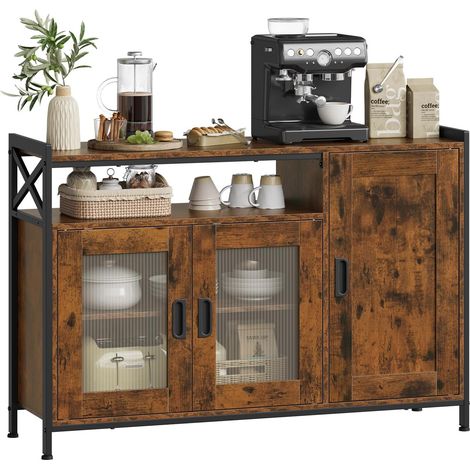 WOLTU Buffet de Cuisine sur Pieds, Meuble de Rangement à 3 Portes, en Bois + Métal, 110x33x75 cm, Marron Rustique