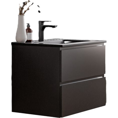BERNSTEIN - Mobile lavabo sospeso MDF nero opaco, lavandini nero opaco + foro troppopieno, piletta - 60x46x50cm - AVA Nero opaco, Nero opaco (1/5)