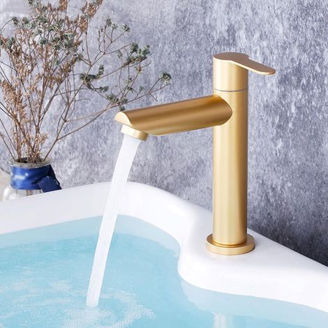 Mitigeur Lavabo Salle de Bain Robinet Monotrou Eau Froide Robinet Lave Main en Acier Inoxydable,or,court (1/5)