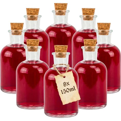 Relaxdays Glasflaschen, 8er Set, Korkverschluss, 150 ml, Öl, Essig, Gewürze, DIY Dekoflasche, Likörflasche, transparent