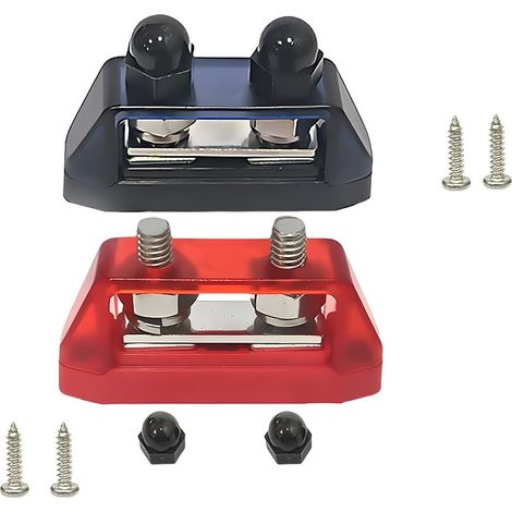 Set mit 2 M8 5/16"-Stromverteilerblöcken, 250 A 48 V DC Doppelbolzen-Batterieklemmen, universelles Kfz-Elektrik-Anschlusszubehör, rote und schwarze Schrauben (1/5)