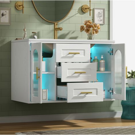 Mobile bagno sospeso con lavabo 76 cm, LED, ante in vetro rigato, bianco DESVIAE (1/5)