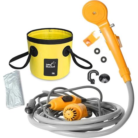 (Jaune avec sac) Douche portable de camping, randonnée et voyage, allume-cigare 12 V, douche extérieure pour arrosage des plantes, nettoyage de voiture et bain d'animaux. Pompe (1/3)