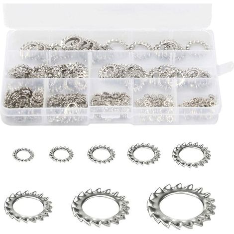 Rondelles de Verrouillage des Dents 300 pièces Rondelle Frein Inoxydable Rondelles Dentées Rondelles de Blocage Rondelles Dentées Externes Assortiment Ensemble (M2,5 M3 M4 M5 M6 M8 M10 M12) (1/5)
