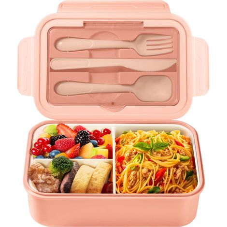 Lunch Box, Bento Lunch Box per bambini e adulti, 1400 ml con 3 scomparti, Lunch Box a prova di perdite con posate, per microonde e lavastoviglie, scuola, picnic, lavoro (rosa)