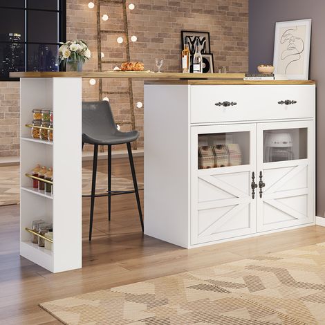 Table de bar extensible - Blanc - MDF - Rotation 360° - Rangement intégré (1/5)