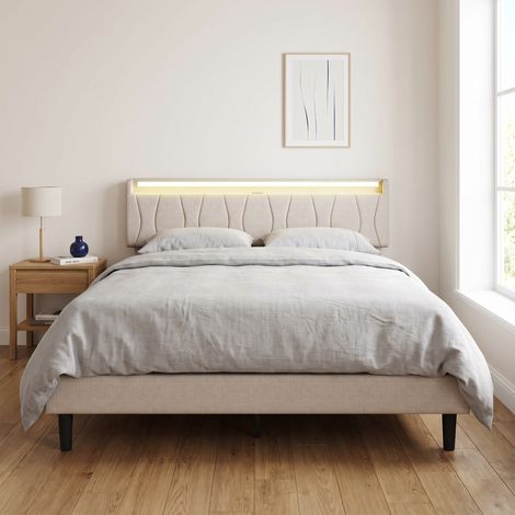 Letto matrimoniale 140x200 cm con LED e porte USB, Letto imbottito in lino, Design moderno, Beige (1/5)