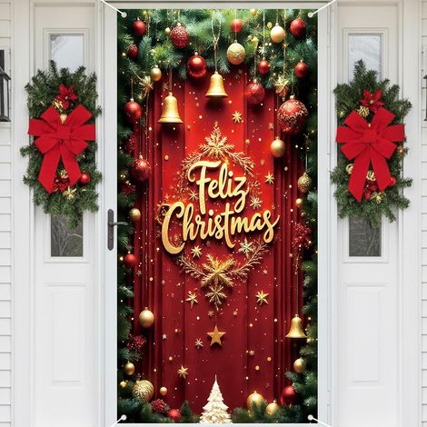 Weihnachtliche Türdekoration – Rotes Hängebanner – „Frohe Weihnachten“-Hintergrund – Winterparty-Dekoration – Weihnachtliche Haustür (1/5)