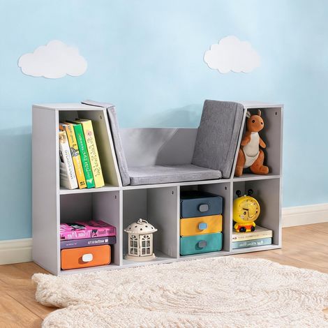 Étagère et banc 2-en-1 pour enfants avec coussins MDF gris grau (1/5)