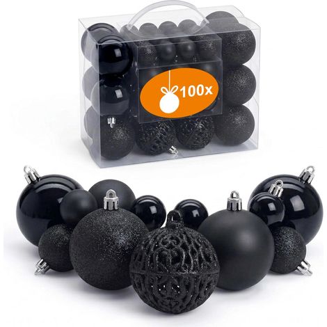 Kunststoff Christbaumkugel Set 100-teilig bruchsicher - schwarz - Design Weihnachtskugeln inklusive Metall Haken