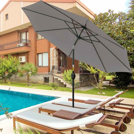 Ombrellone da giardino Outsunny per esterni, Ø265 cm, con 32 luci LED solari, palo e manovella in acciaio, inclinazione regolabile, colore grigio.