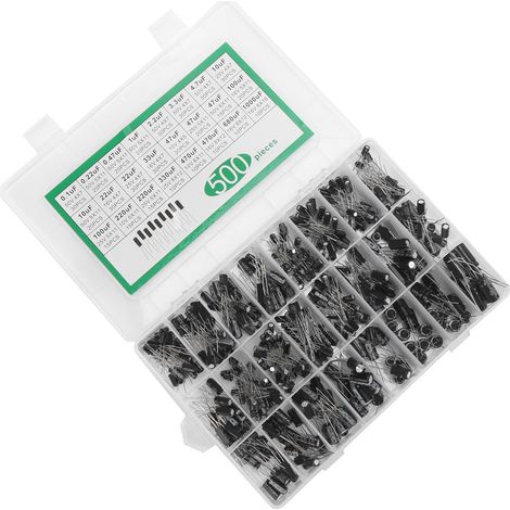 Lot de 500 condensateurs électrolytiques, 24 valeurs différentes, 0,1 µF – 1000 µF, 10 V, 16 V, 25 V, 50 V (1/5)
