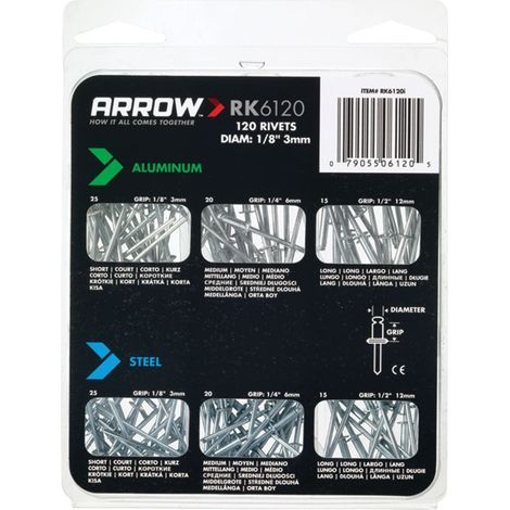 Arrow RK6120 Multi-Size Aluminum Rivet Pack – 120 Pieces (1/2)