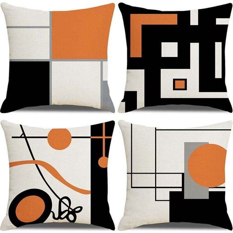 Lot de 4 housses de coussin décoratives géométriques noires et oranges, 45 x 45 cm, motif géométrique moderne à rayures grises, noires et rouges, décoration irrégulière avec fermeture éclair c (1/4)