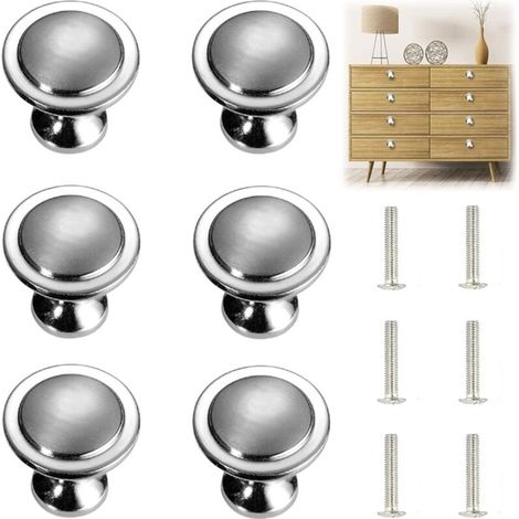 Möbelknöpfe und -griffe, 6 Stück, massiver silberfarbener Schrankgriff, runder Edelstahl-Möbelgriff, silberfarben, mit Schrauben, Durchmesser 27 mm - Crezuo
