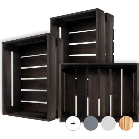 3 x Caisse de Rangement Vintage en Bois Noir - 40 x 30 x 15 cm
