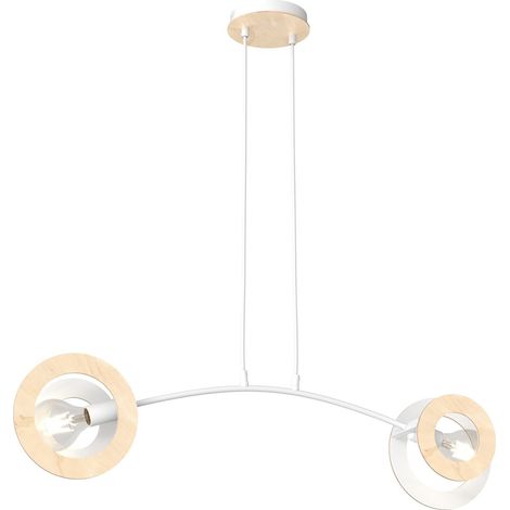 Lampadario 2 Luci Skiva Acciaio Bianco Legno Naturale E Diffusori Doppio Cerchio