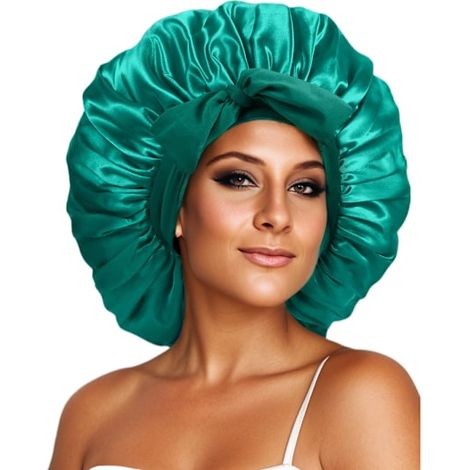 Bonnet de nuit en satin et soie, double épaisseur, doublé de satin, avec liens, pour femmes aux cheveux bouclés naturels noirs (1/4)