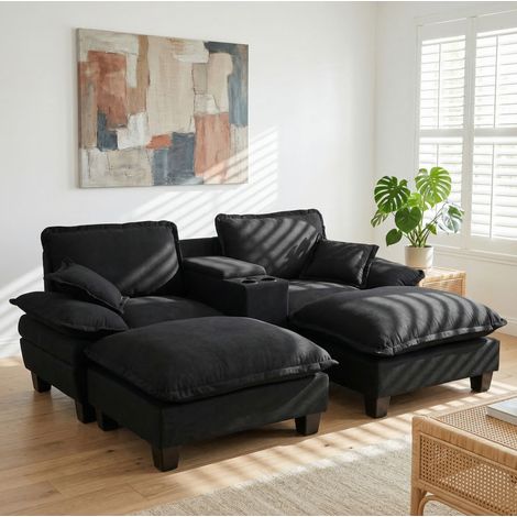 Canapé modulable 224x151x90 cm noir en chenille avec USB, rangement, porte-gobelets et ottoman (1/5)