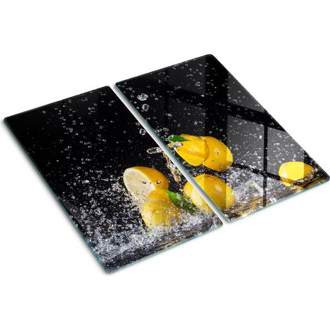 Glasschneideplatten - Schneidebrett aus Glas - Herdabdeckplatten - Gehärtetes Glas – 2x30x52 cm (2er Set) - Zitronen und Wasser