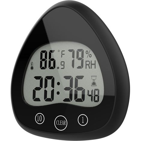 Horloge de salle de bain (noire), alarme numérique LCD avec écran tactile étanche, minuterie et thermomètre portables étanches avec ventouse pour la