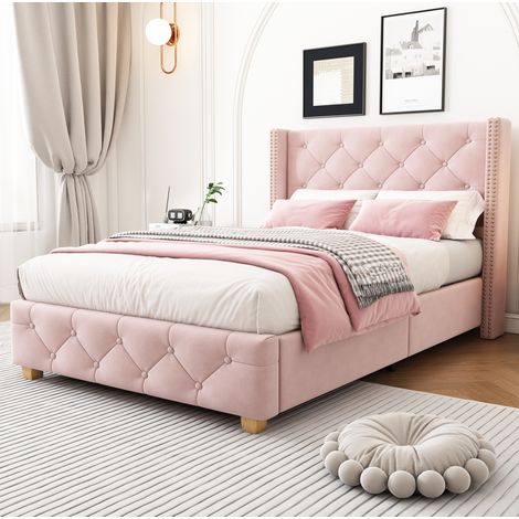 MEUBLIV Cama 90x200 cm rosa – estructura tapizada con cabecero y somier, sin colchón (1/5)