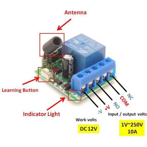 Télécommande - Récepteur - RF 433 MHz - DC 12 V - 10 A - 1 Canal - Pour Porte Électrique Et Garage - Kit 2 Pièces (1/4)