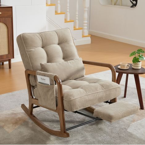 Poltrona a dondolo 70x80x92 cm kaki in velluto a coste con poggiapiedi estraibile e schienale regolabile (1/4)