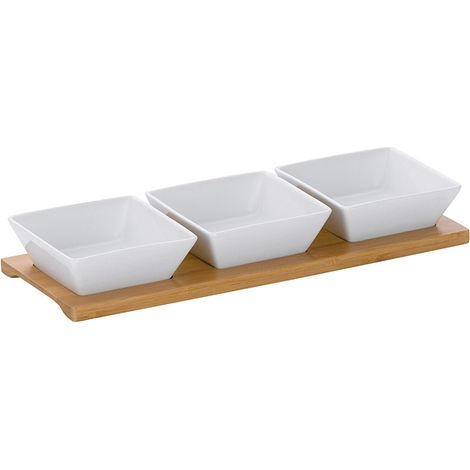 Kela Philipa Set aus 3 quadratischen Porzellanschalen auf Bambusfuß, 33,5 x 12 x 5 cm