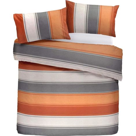 Housse de Couette à Larges Rayures Orange - 230 x 220 cm - 2 taies d'oreiller - Housse de Couette à Rayures contemporaines en Terre Cuite et Gris - Parure de lit doublée Orange/Gris (1/5)