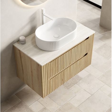 Mobile bagno sospeso con lavabo ovale, 2 cassetti soft close, pietra sinterizzata e ceramica, bianco rovere bianco