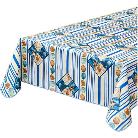 Tovaglia Antimacchia Cucina Conchiglie Mare Bordata Cotone Plastificato Proteggi Tavolo Copritavolo Bianco - 135x180 cm