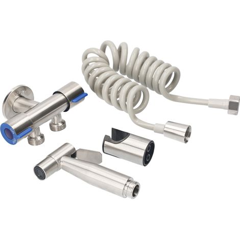 Tragbarer Bidet-Duschkopf, 1,5 m Teleskopschlauch, Wandhalterung mit Doppelanschlussventil, Edelstahl, einstellbarer Wasserdruck, für waschbare Windeln und Tierpflege (1/5)