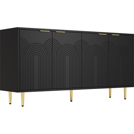 Buffet noir avec 4 portes, poignées dorées brossées et pieds laqués haute brillance, 160×80×40 cm (1/5)