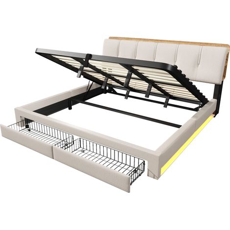 Cama canapé tapizada 180 x 200 cm en lino beige con USB-C y LED, sin colchón, HOMVRA (1/5)