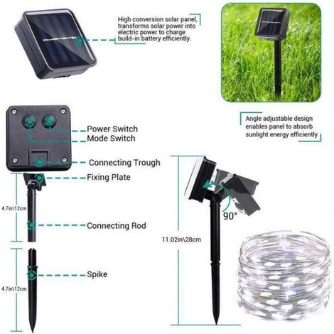 Guirlande Solaire en Fil Cuivre 12M 100 LED Guirlande Lumineuse Blanc Froid pour Halloween, Jardin, Terrasse, Patio, Mariage (1/4)