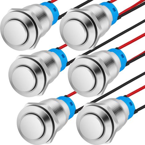 Lot de 6 Interrupteurs Bouton-Poussoir Autobloquants 12mm, Étanches, Pré-câblés, Tête Haute