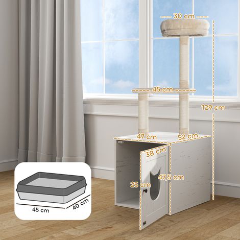 Arbre à chat avec maison de toilettes. tour de jeu 2-en-1 de 129 cm avec cache-litière. poteaux à griffer. crème (1/5)