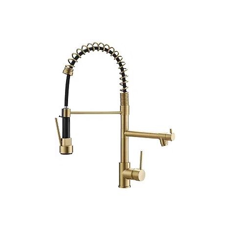 Robinet d'évier de cuisine à double bec avec douchette extractible, finition or brossé, mitigeur design pour évier, 2 jets, acier inoxydable doré (1/3)