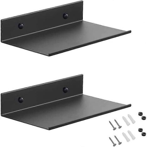 Étagères murales en métal, lot de 2 étagères flottantes noires de 20 cm, étagère de douche murale, étagère rectangulaire murale avec trous et vis pour salon (1/5)