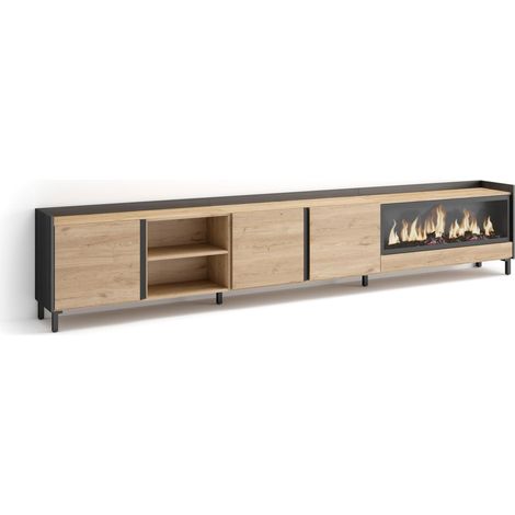 Skraut Home - Meuble TV, Banc Télé, Grand espace de Rangement, 315x35x61cm, Pour les TV jusqu'à 80", Cheminée électrique XXL, Design industriel, Style moderne, Chêne et noir (1/5)
