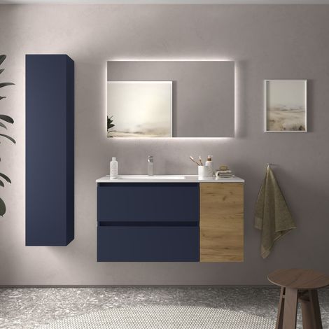 Mueble Bequia 90cm y coqueta Derecha y lavabo Azul / Roble 90x45x56 (1/5)