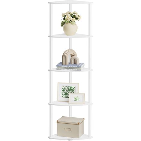 Étagère d'angle à 5 Niveaux, Assemblage Ultra-Rapide sans Outils, Colonne de Rangement, 38,3 x 27 x 139 cm, pour Salon, Chambre, Cuisine, Blanc Mat LBC610W01 (1/5)
