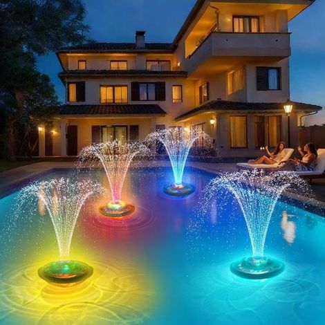 Fontaine de piscine flottante rechargeable avec télécommande et lumières LED, 5 modes d'éclairage et 5 modes de jet d'eau, batterie 3600 mAh. (1/5)