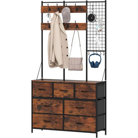 Porte manteau Meuble d'entrée 4 en 1, portemanteau, vestiaire avec 7 tiroirs en tissu et 14 crochets, 100 x 30 x 183 cm, brun rustique (1/5)