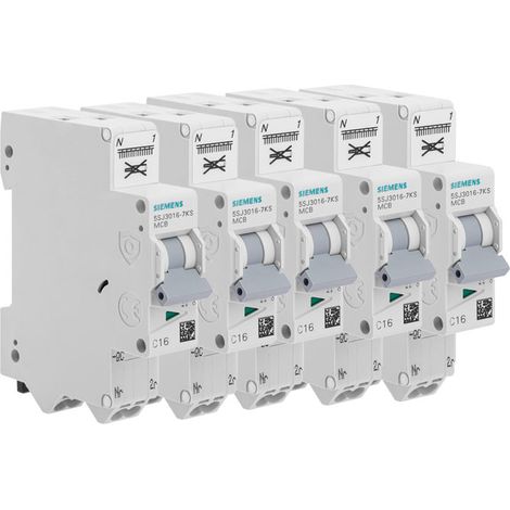 Siemens – Lot de 5 disjoncteurs unipolaires 16A – Courbe C 4.5kA – Monophasé 1 pôle + N – Raccordement par câble rigide 1,5 ou 2,5mm²