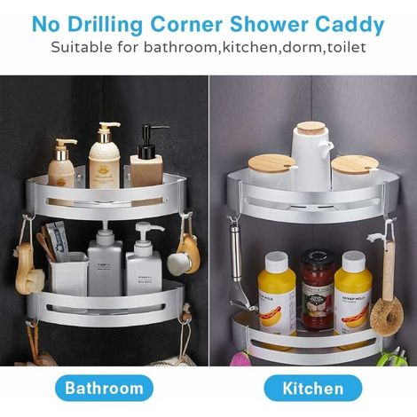 Shower caddies Shower corner shelf, Bathroom shelf without drilling, Shower storage basket with hooks - shower corner shelf (Plata-doble) (1/5)