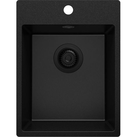 PRIMAGRAN Evier Cuisine en Granit 38x50cm, Lavabo 1 bac + Kit de Vidage, Évier à Encastrer au meuble 40cm - Riga, Tout Noir